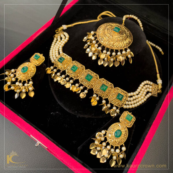 Nihaar Traditional Antique Polish Emerald Necklace Set , Necklace Set , Gold Jewellery , gold jewellery ,necklace set ,