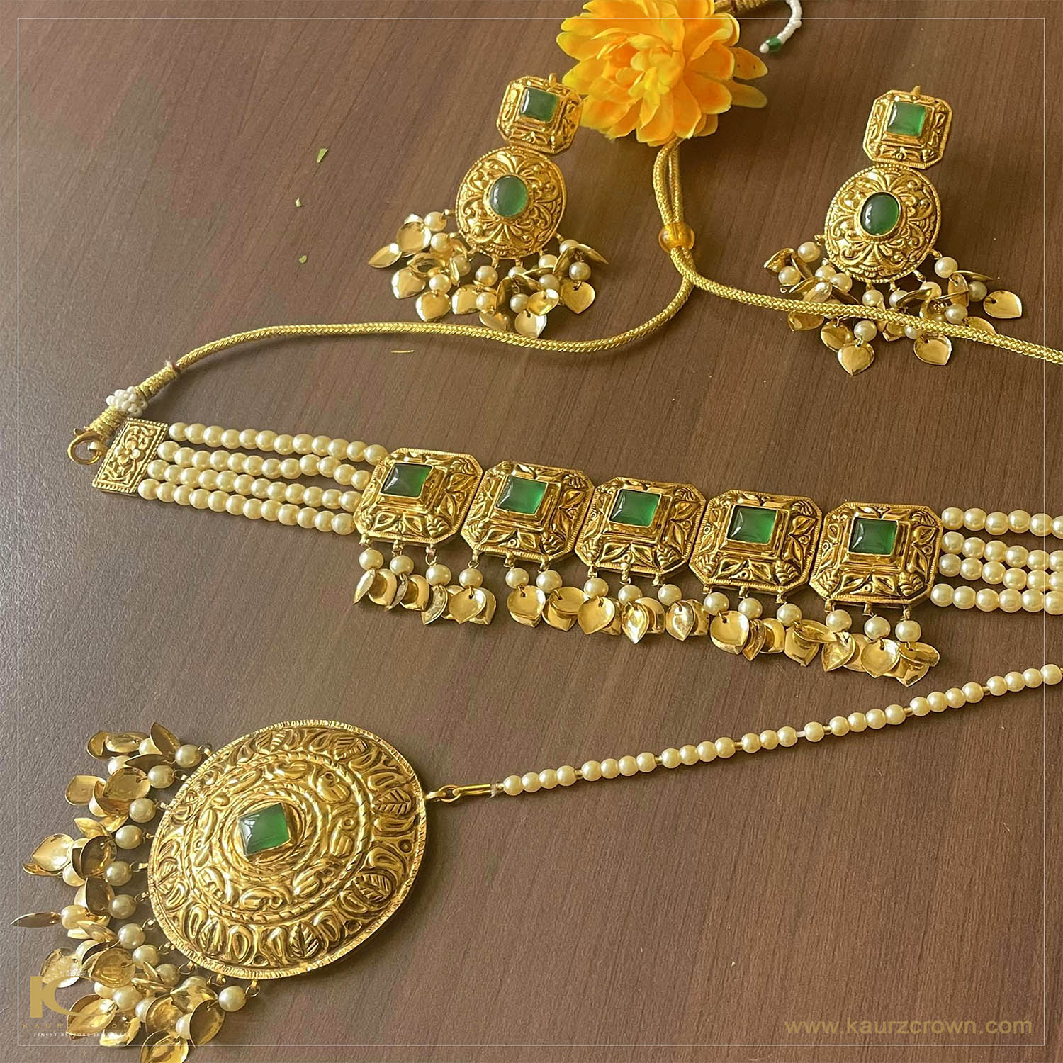 Nihaar Traditional Antique Polish Emerald Necklace Set , Necklace Set , Gold Jewellery , gold jewellery ,necklace set ,