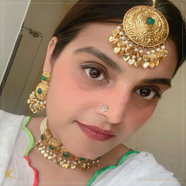 Nihaar Traditional Antique Polish Emerald Necklace Set , Necklace Set , Gold Jewellery , gold jewellery ,necklace set ,