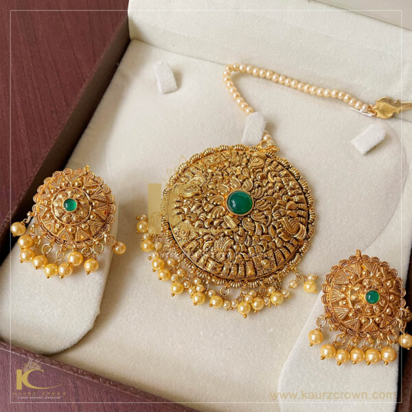 Saadgi Traditional Antique Gold Plated Earrings Tikka Set