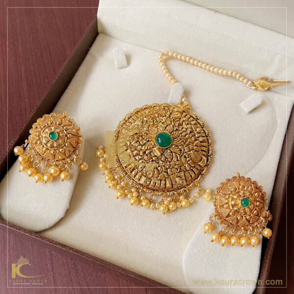 Saadgi Traditional Antique Gold Plated Earrings Tikka Set