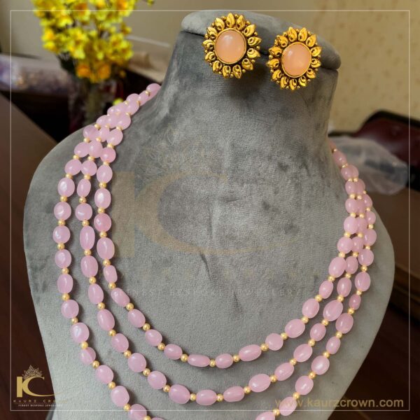 Sarah Blush Pink 3 Layered Mala with Gold Polished Stud Earrings