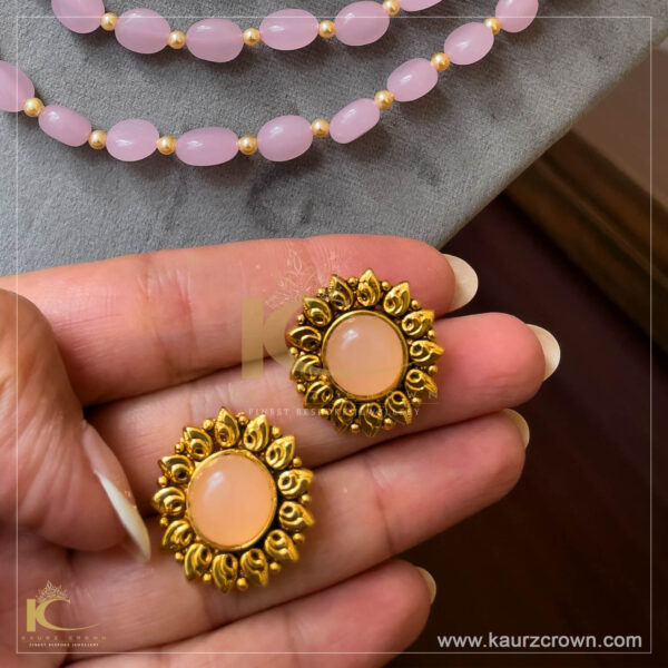 Sarah Blush Pink 3 Layered Mala with Gold Polished Stud Earrings