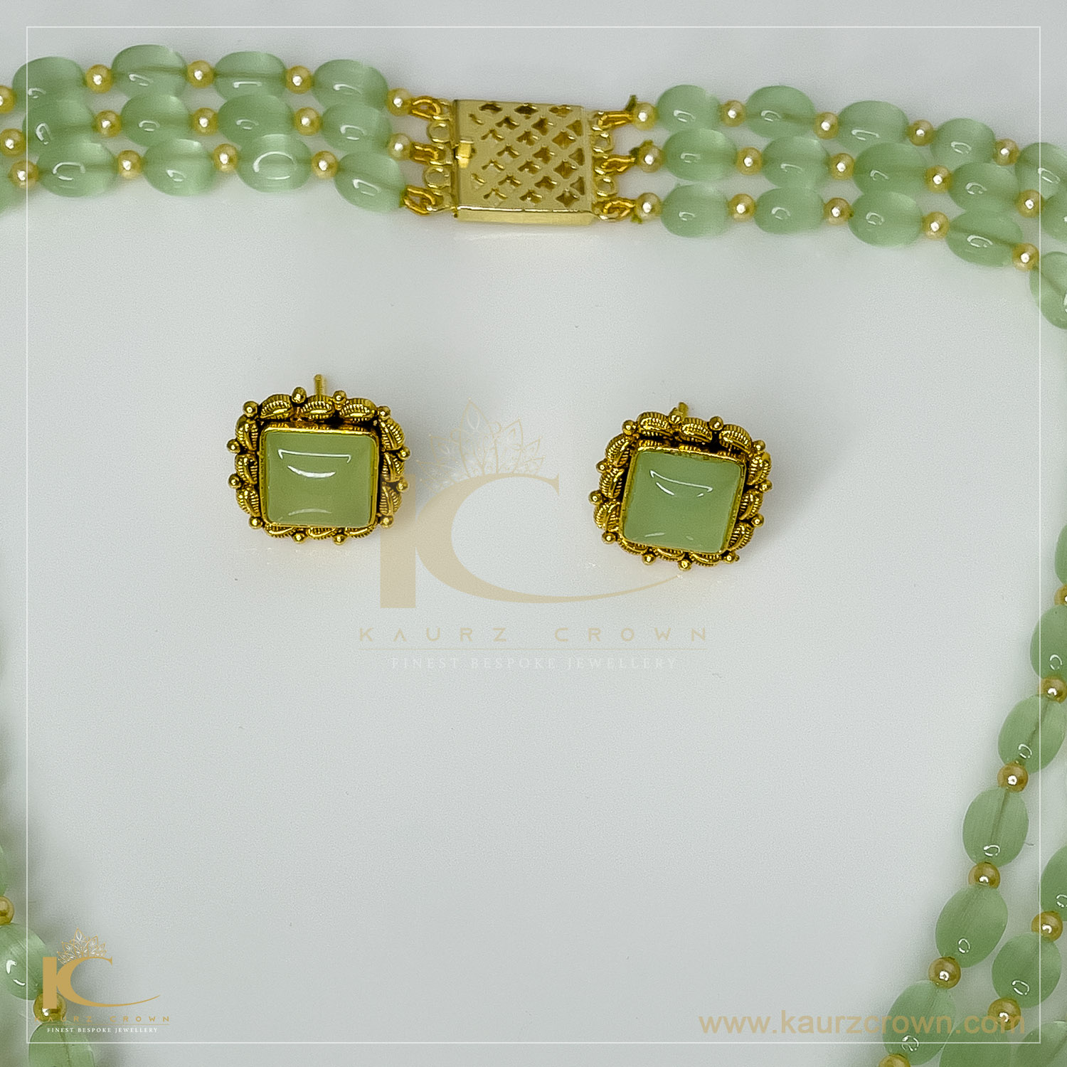Sarah Emerald Green 3 Layered Mala with Gold Polished Stud Earrings