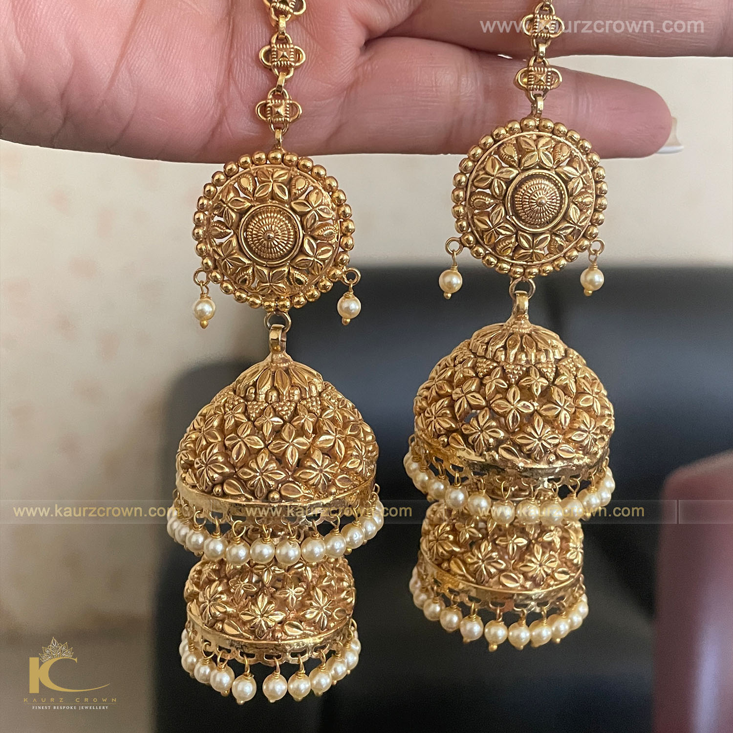 Gold Plated Pearl Jadau Chandbali Earrings in Silver ER 043