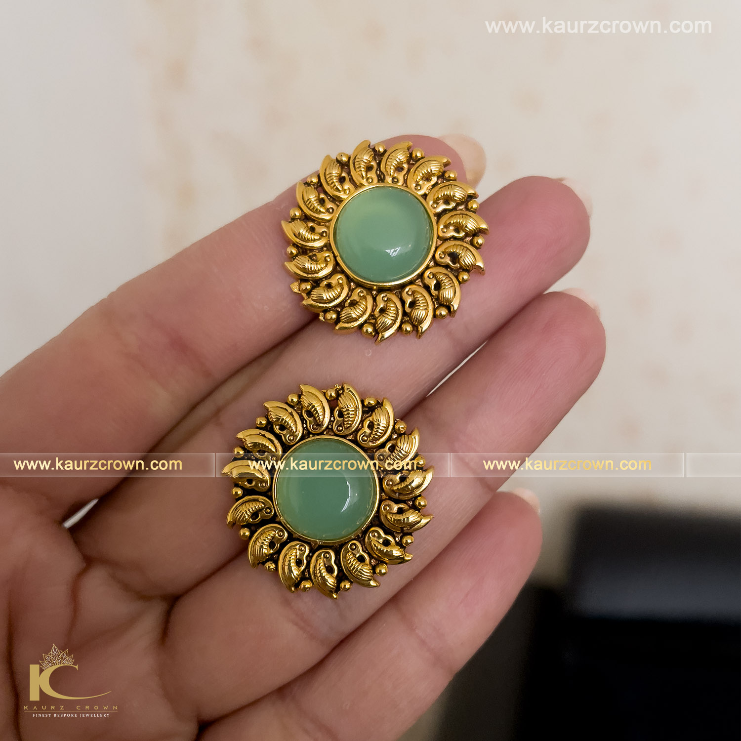 Sarah Traditional Antique Gold Plated Stud Earrings (Mint Green) , sarah , gold earring , Jewellery