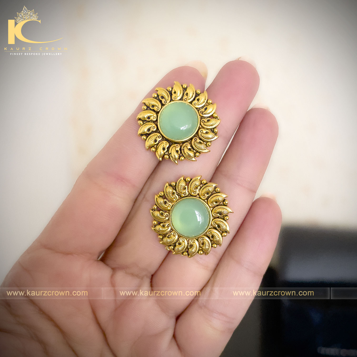 Sarah Traditional Antique Gold Plated Stud Earrings (Mint Green) , sarah , gold earring , Jewellery