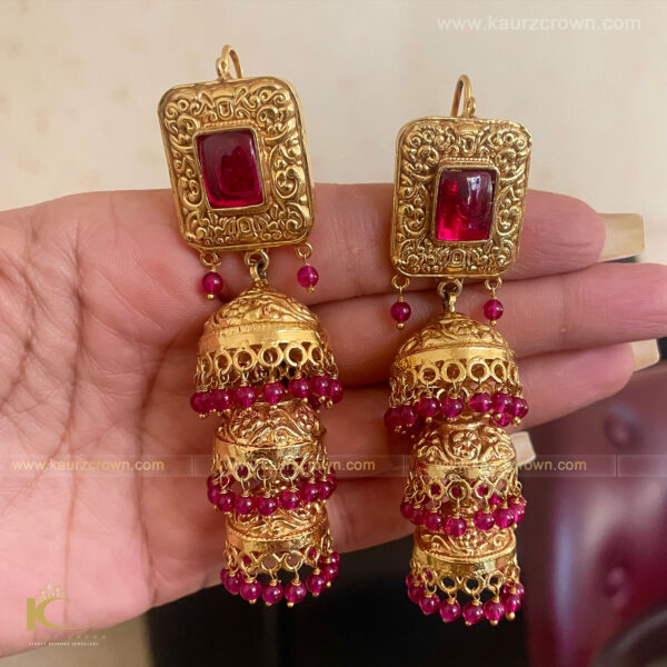 Peach Meenakari Jhumka with Golden Bali Earrings | FashionCrab.com