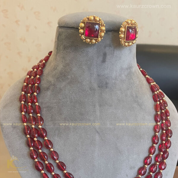 Sarah 3 layered Ruby Mala & Antique Gold Plated Stud Earrings , Earrings , kaurz crown , jewellery