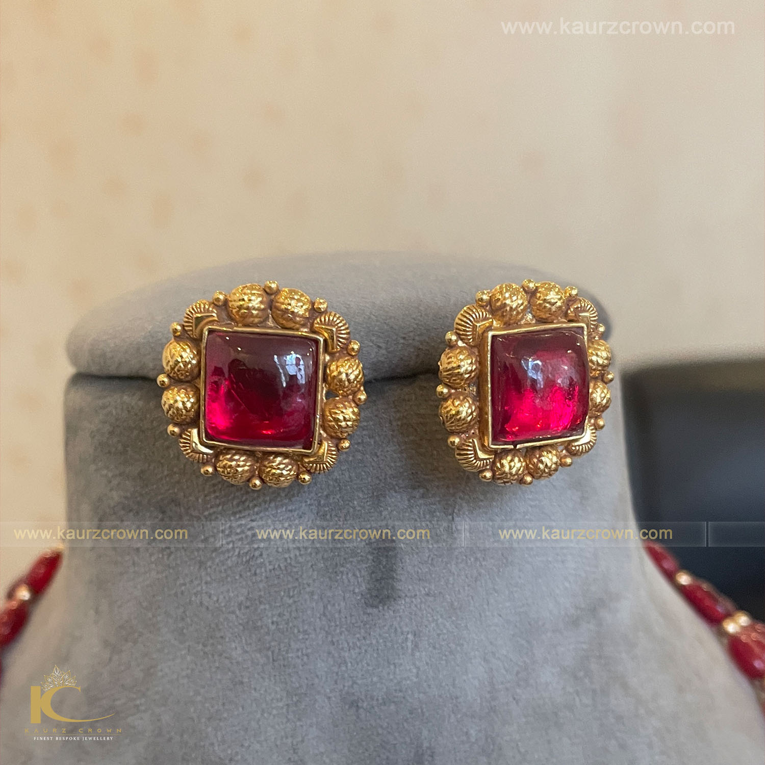 Sarah 3 layered Ruby Mala & Antique Gold Plated Stud Earrings , Earrings , kaurz crown , jewellery