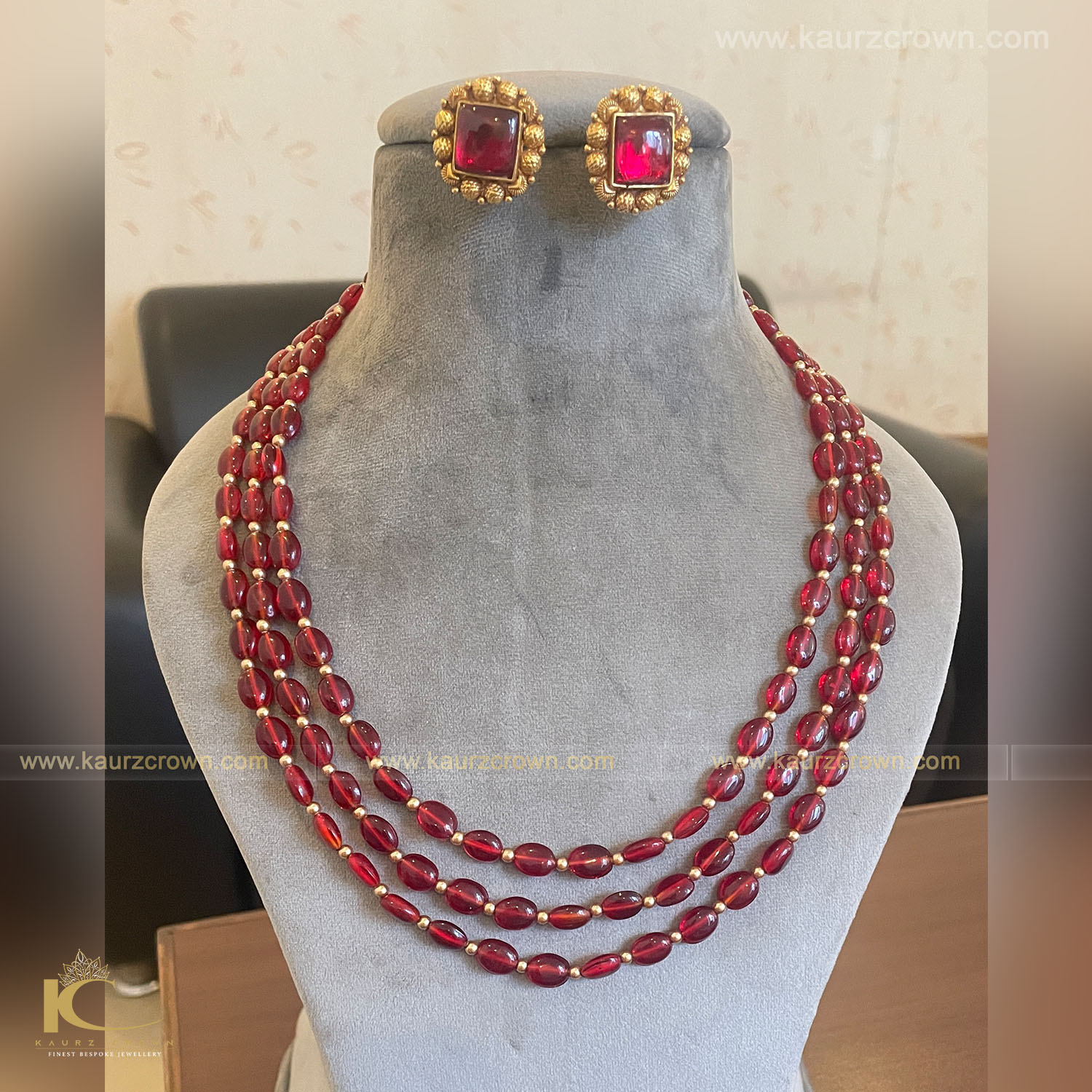 Sarah 3 layered Ruby Mala & Antique Gold Plated Stud Earrings , Earrings , kaurz crown , jewellery