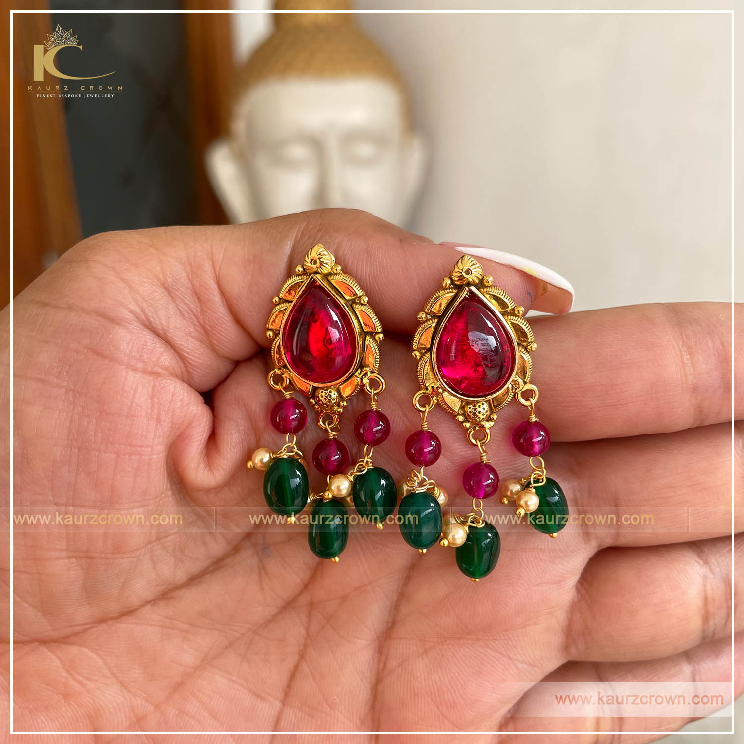 Inaya Traditional Antique Gold Plated Earrings (Green) , kaurz Crown , inaya , gold plated , earrings , traditional , punjabi jewellery