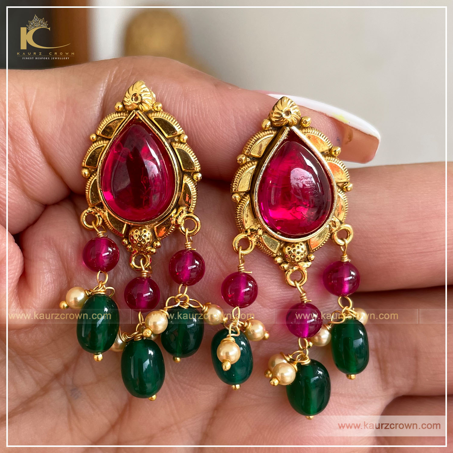 Inaya Traditional Antique Gold Plated Earrings (Green) , kaurz Crown , inaya , gold plated , earrings , traditional , punjabi jewellery