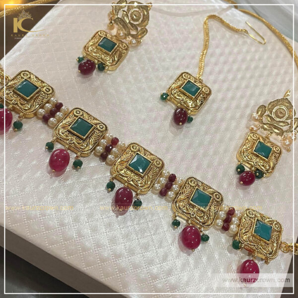 Rozmin Traditional Antique Gold Plated Choker Set , kaurz crown , punjabi jewellery , gold plated , rozmin , trditional , choker set , online jewellery store