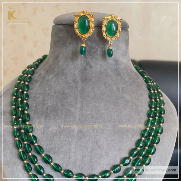 Sarah 3 layered Green Mala , kaurz Crown , green mala , earrings , gold plated , punjabi jewellery ,