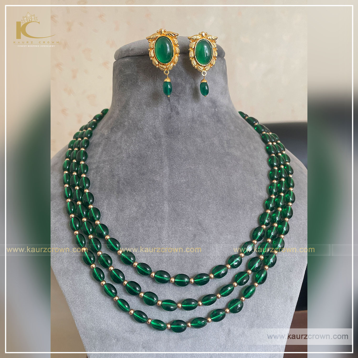 Sarah 3 layered Green Mala , kaurz Crown , green mala , earrings , gold plated , punjabi jewellery ,