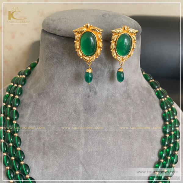 Sarah 3 layered Green Mala , kaurz Crown , green mala , earrings , gold plated , punjabi jewellery ,