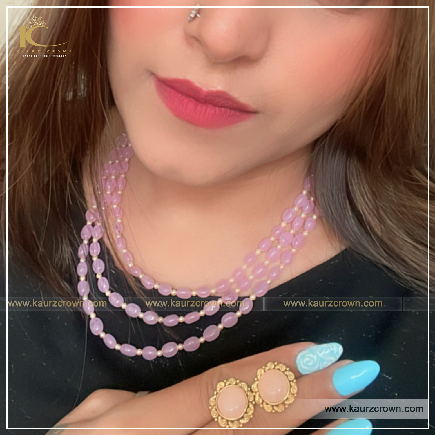 Sarah 3 layered Pink Mala , kaurz crown , gold plated , punjabi jewellery