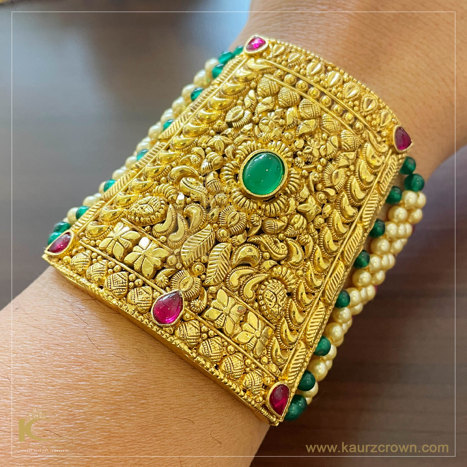 Surmai Traditional Antique Gold Plated Baahi (Bracelet) Green , Gold Plated Baahi (Bracelet) , Gold Plated , kaurz Crown , Punjabi Jewellery , Baahi