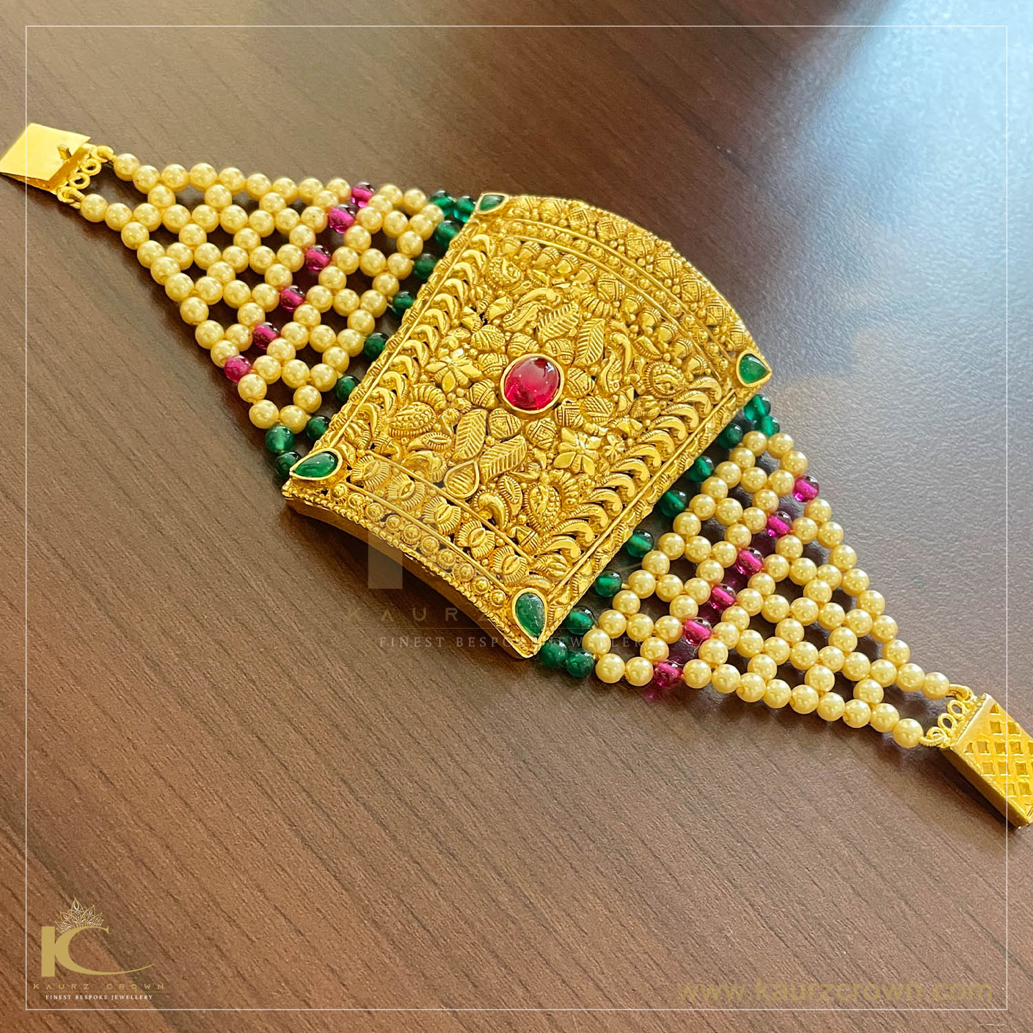 Surmai Traditional Antique Gold Plated Baahi (Bracelet) Green , Gold Plated Baahi (Bracelet) Red , Gold Plated , kaurz Crown , Punjabi Jewellery , Baahi