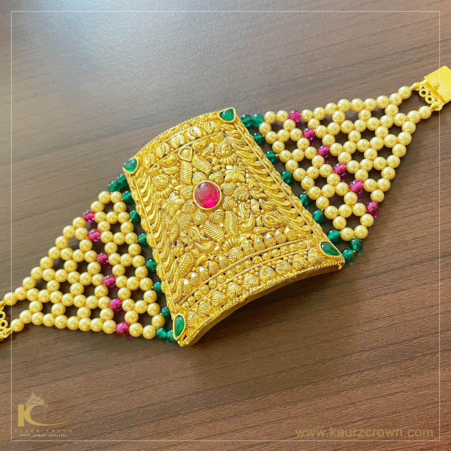Surmai Traditional Antique Gold Plated Baahi (Bracelet) Green , Gold Plated Baahi (Bracelet) Red , Gold Plated , kaurz Crown , Punjabi Jewellery , Baahi
