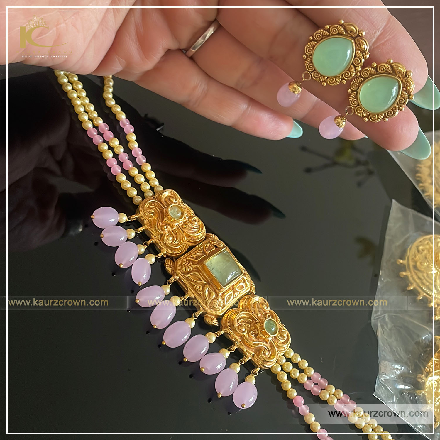 Chahat Traditional Antique Gold Plated Choker Set , kaurz crown , punjabi jewellery , gold plated , online jewellery store , earrings , choker set