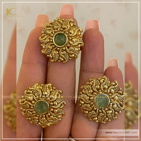 Jind Traditional Antique Gold Plated Stud Earrings with Finger Ring , finger ring , gold plated , kaurz crown , punjabi jewellery , online jewellery