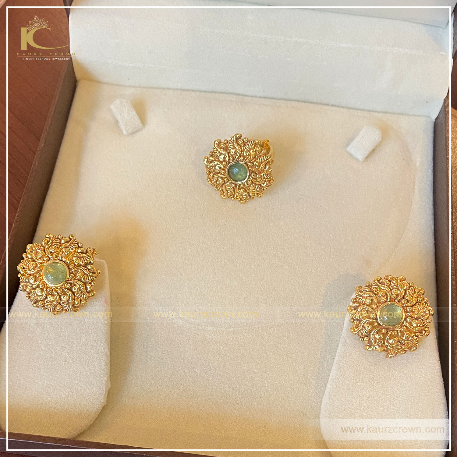 Jind Traditional Antique Gold Plated Stud Earrings with Finger Ring , finger ring , gold plated , kaurz crown , punjabi jewellery , online jewellery