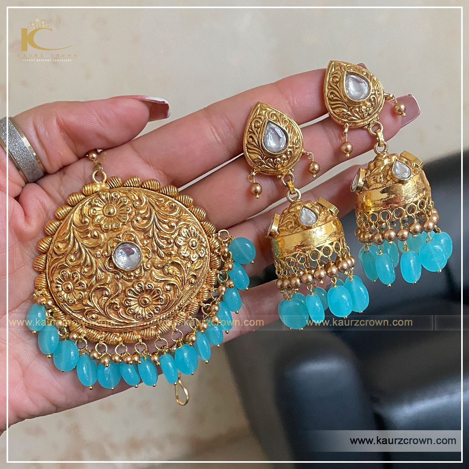 Nazakat Traditional Antique Gold Plated Earrings Tikka Set , kaurz crown , punjabi jewellery , online jewellery store