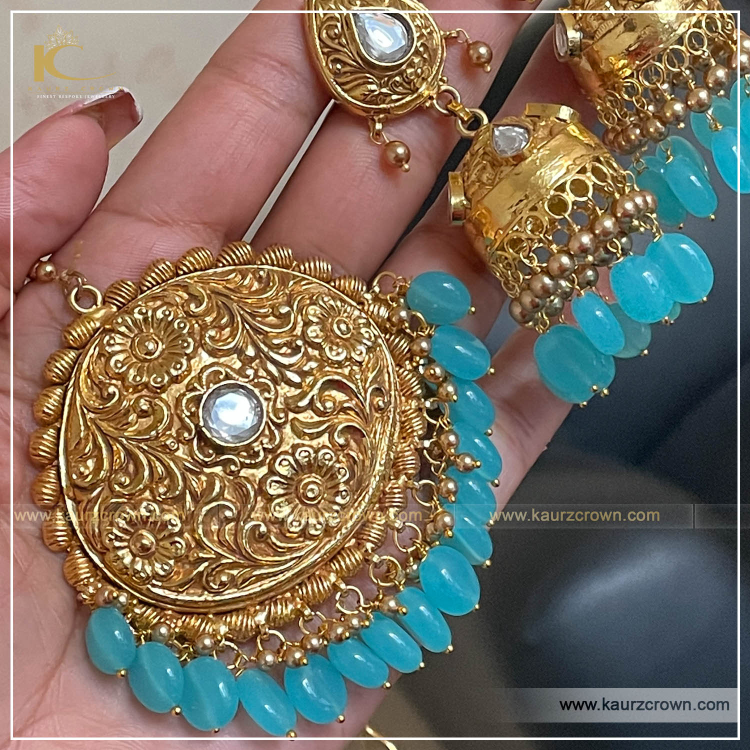 Nazakat Traditional Antique Gold Plated Earrings Tikka Set , kaurz crown , punjabi jewellery , online jewellery store