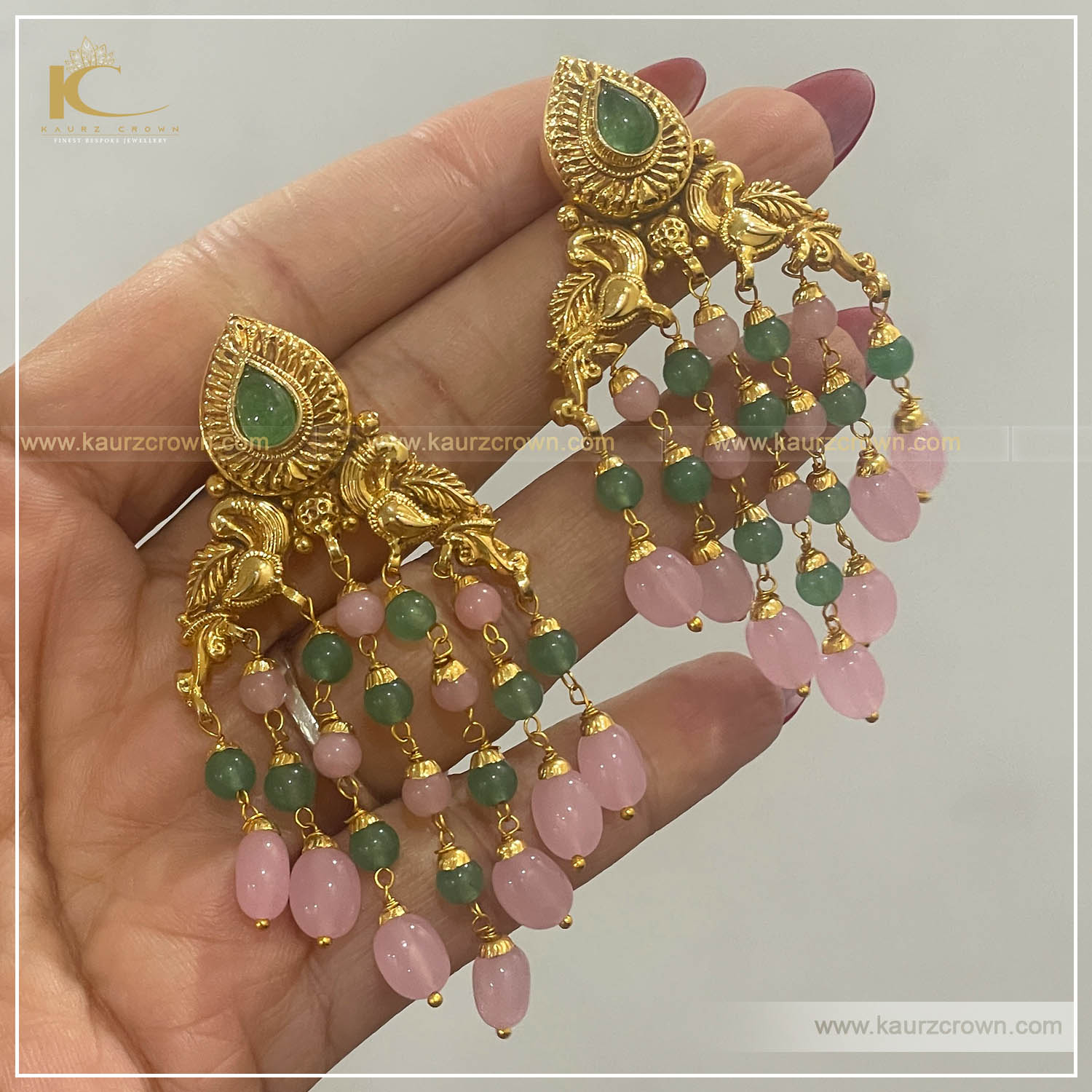 Aasmeen Traditional Antique Gold Plated Earrings , kaurz crown , punjabi jewellery , gold plated , earrings , aasmeen , pink earrings