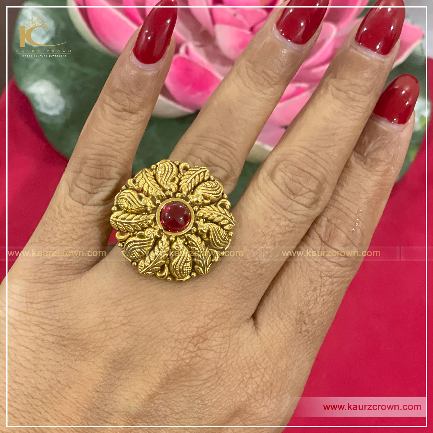 Afnan Traditional Antique Gold Plated Finger Ring , kaurz crown , punjbai jewellery , online jewellery store , jewellery shop , red stone , gold plater , finger Ring , Afnan Finger Ring