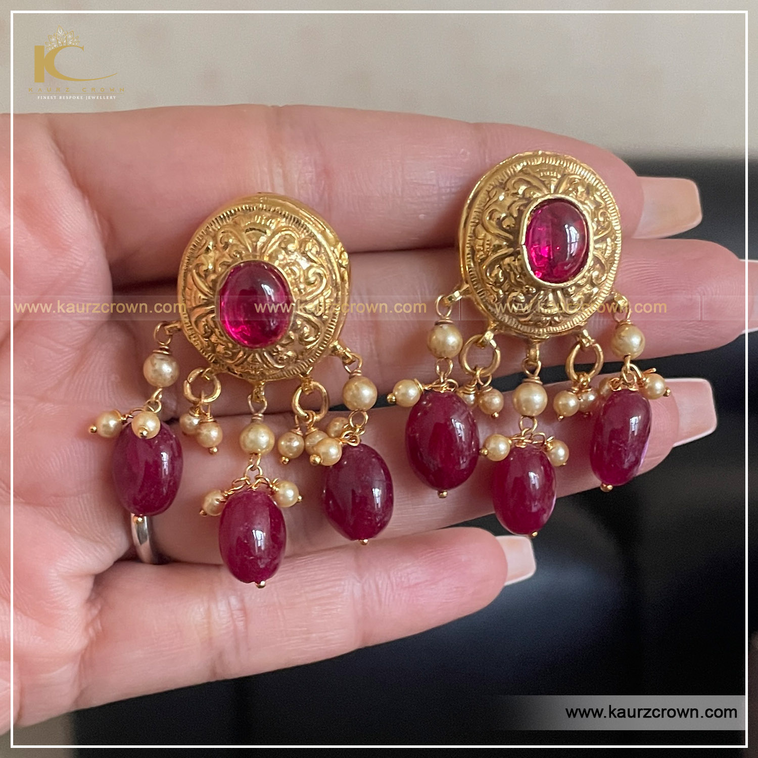 Afza Traditional Antique Gold Plated Earring , kaurz crown jewellery , gold plated jewellery , gold plated earrings , ruby color , traditional jewellery , online shop