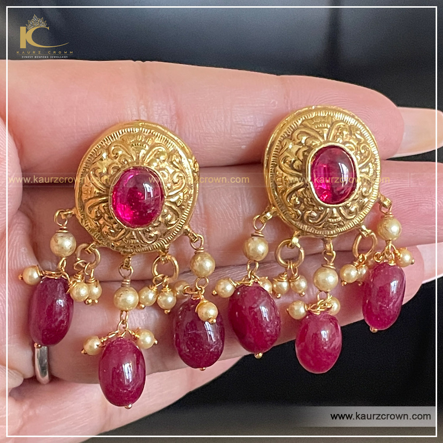 Afza Traditional Antique Gold Plated Earring , kaurz crown jewellery , gold plated jewellery , gold plated earrings , ruby color , traditional jewellery , online shop