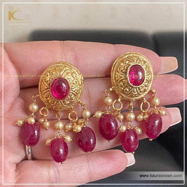 Afza Traditional Antique Gold Plated Earring , kaurz crown jewellery , gold plated jewellery , gold plated earrings , ruby color , traditional jewellery , online shop