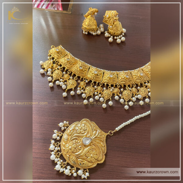 Akira Traditional Antique Gold Plated Choker Set , choker set , gold plated , akira , punjabi jewellery , necklace set , Tikka , earrings , Set , white Stone