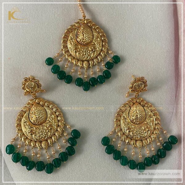 Fiza , Gold plated , necklace set , kaurz crown , punjbai jewellery store , online store , passa , tikka , earrings , green stone