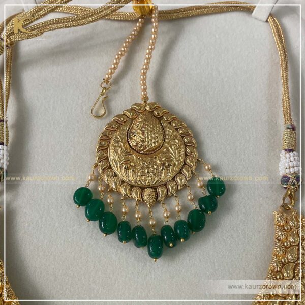 Fiza , Gold plated , necklace set , kaurz crown , punjbai jewellery store , online store , passa , tikka , earrings , green stone