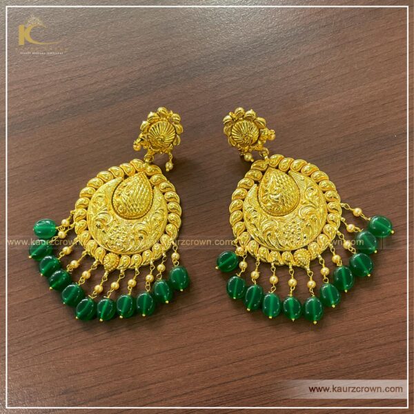 Fiza , Gold plated , necklace set , kaurz crown , punjbai jewellery store , online store , passa , tikka , earrings , green stone