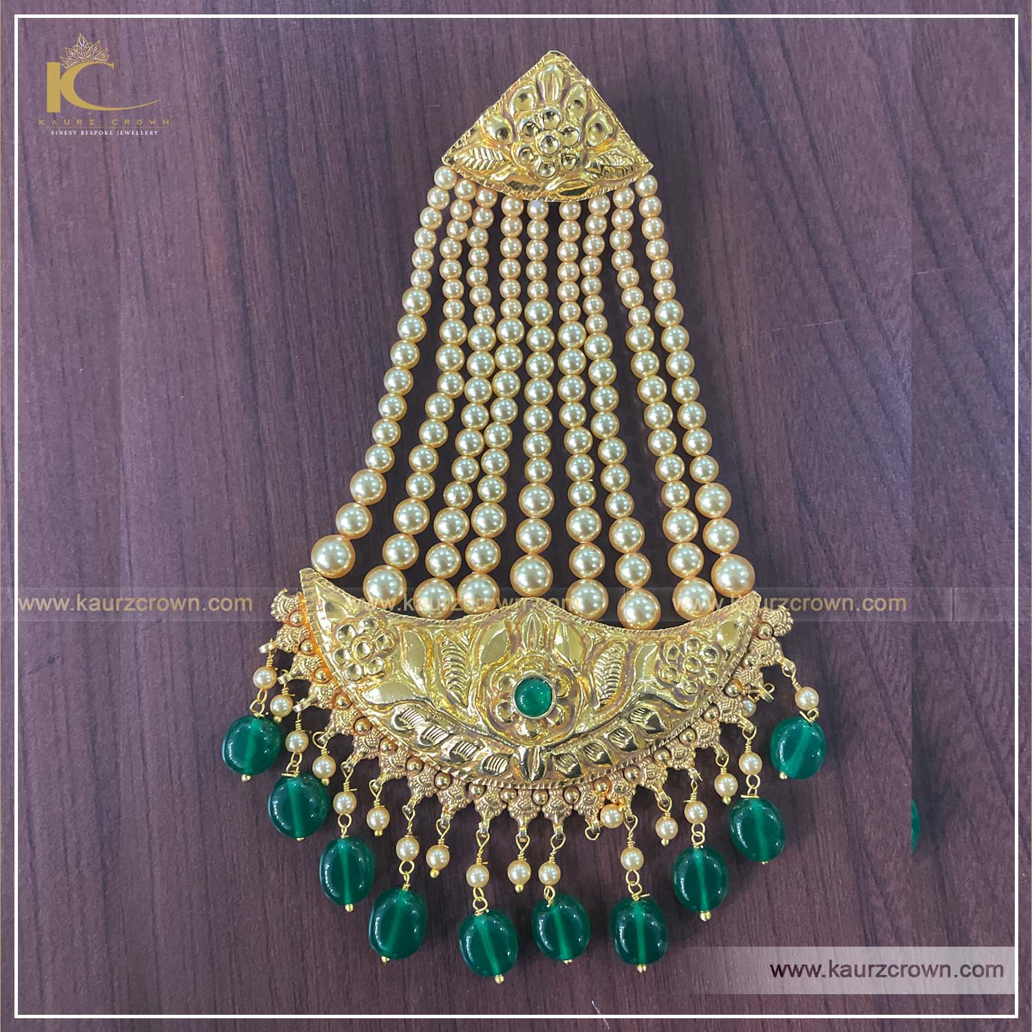 Fiza , Gold plated , necklace set , kaurz crown , punjbai jewellery store , online store , passa , tikka , earrings , green stone , gold plated Passa