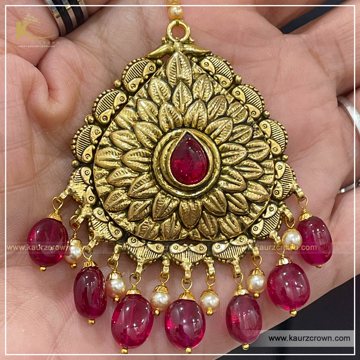 92.5 Pure Silver with 18 carat Antique Gold Polishing, Ruby Beads and Stone with Real Swarovski , kaurz crown , punjabi jewellery , online jewellery store , tikka , mehtab , red store