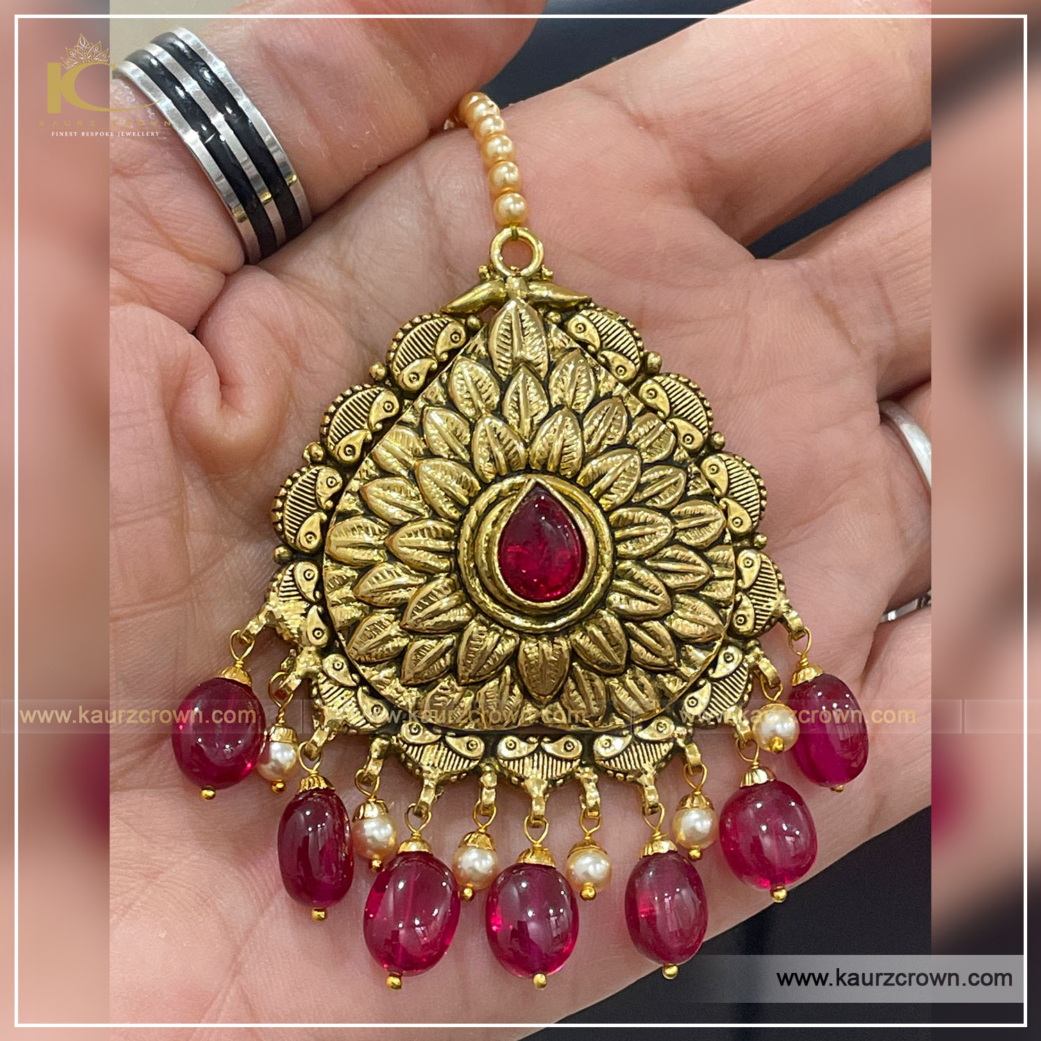 92.5 Pure Silver with 18 carat Antique Gold Polishing, Ruby Beads and Stone with Real Swarovski , kaurz crown , punjabi jewellery , online jewellery store , tikka , mehtab , red store