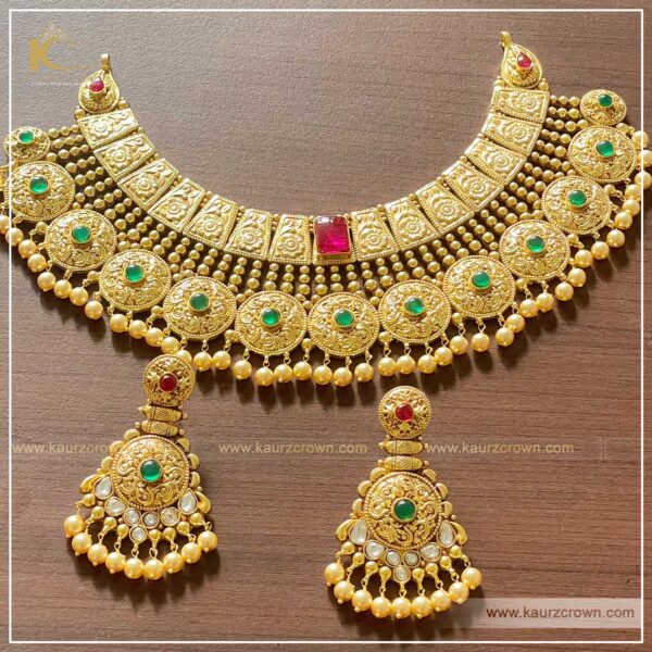 Morni Bridal Traditional Antique Gold Plated Necklace , kaurz crown , punjabi jewellery , online jewellery store , morni bridal necklace set , tikka , passa , earrings , choker , tikka