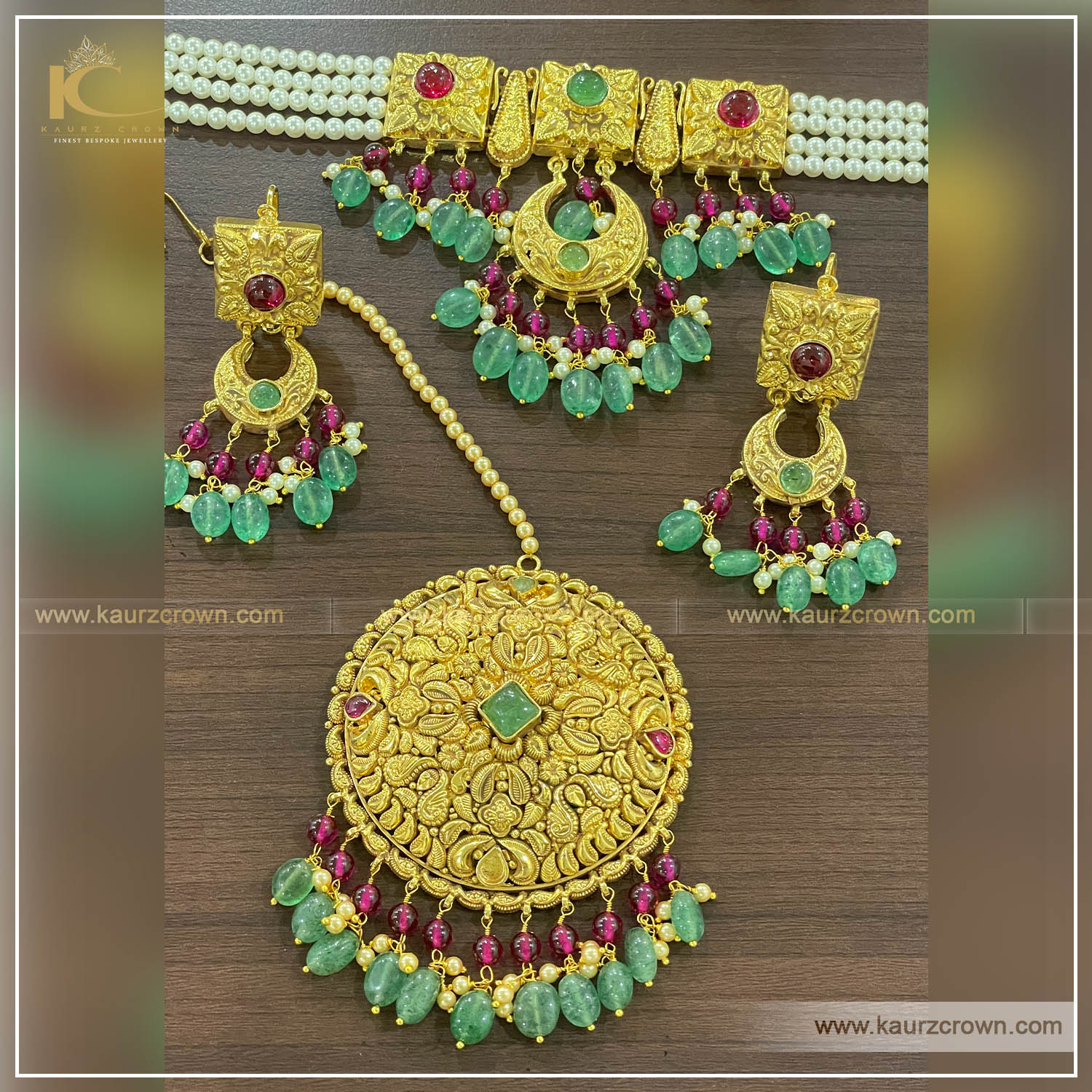 Najreen Traditional Antique Gold Plated Choker Set , kaurz crown , punjabi jewellery , gold plated , tikka , earrings , choker set , najreen choker set
