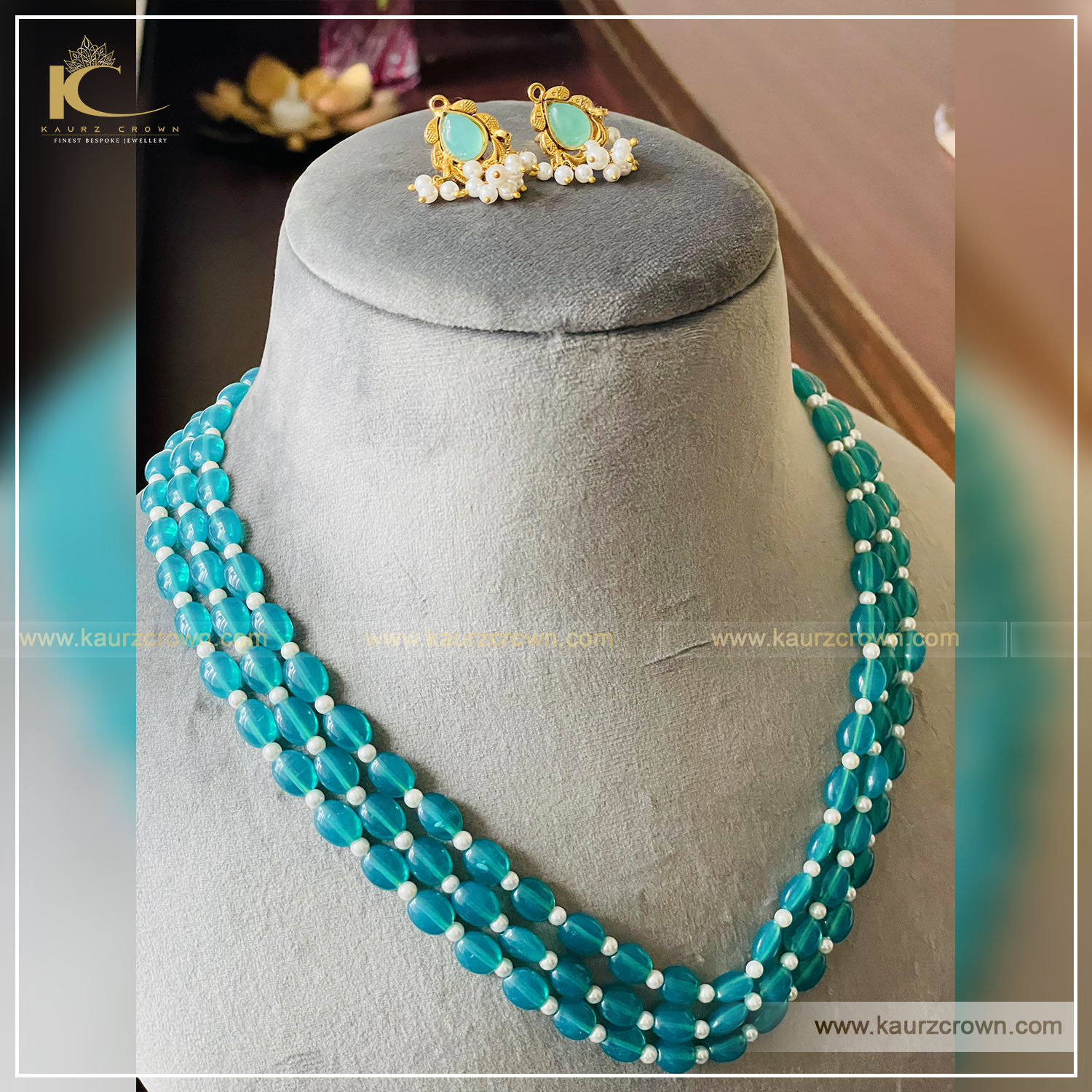 Nazam Blue 3 Layered Mala with Gold Polished Stud Earrings , Nazam mala , kaurz Crown , punjabi jewellery , blue gold plated mala