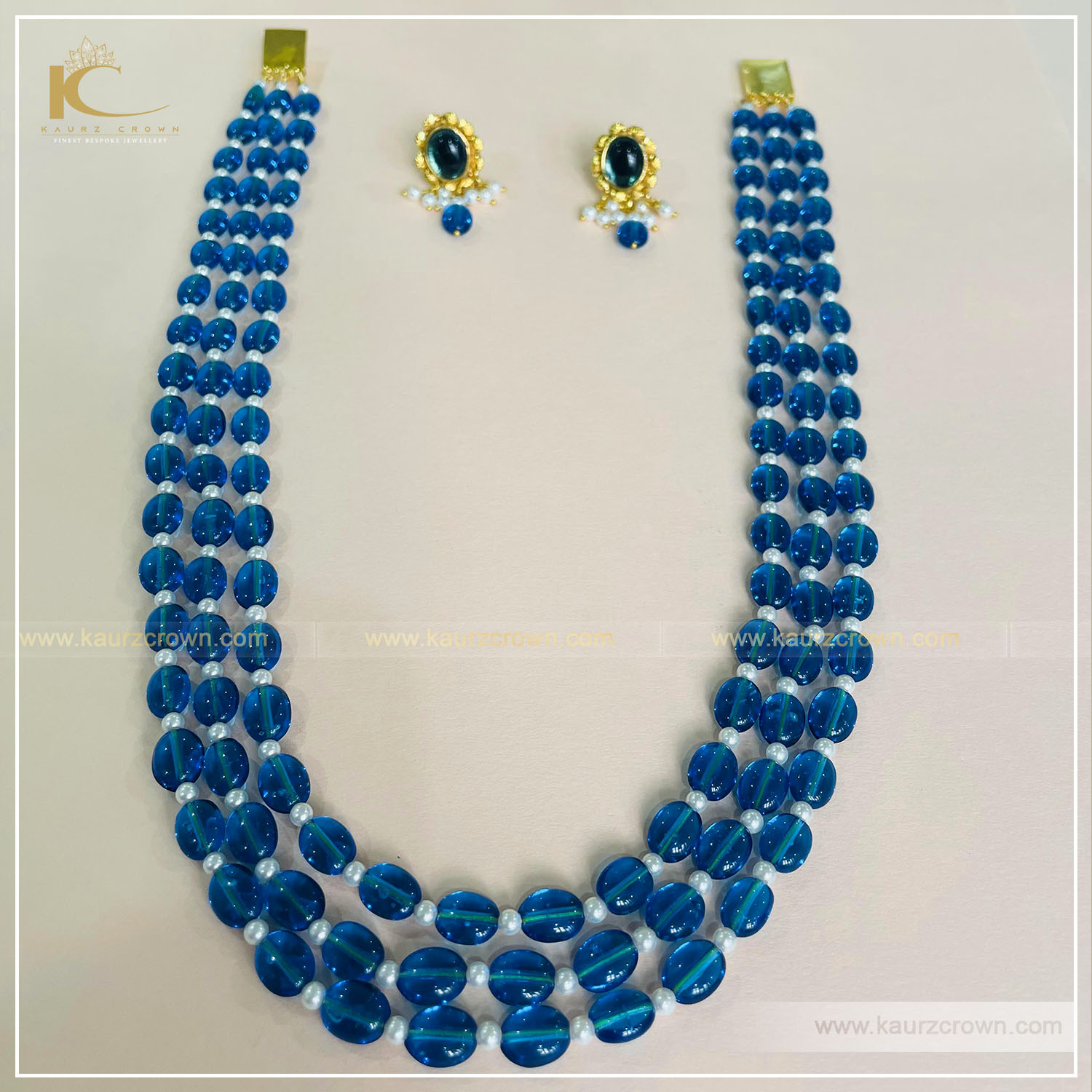 Rababi Blue Drak 3 Layered Mala with Gold Polished Stud Earrings , kaurz crown , punjabi jewellery , Rababi mala , gold plated earrings , earrings , online jewellery store , jewellery store