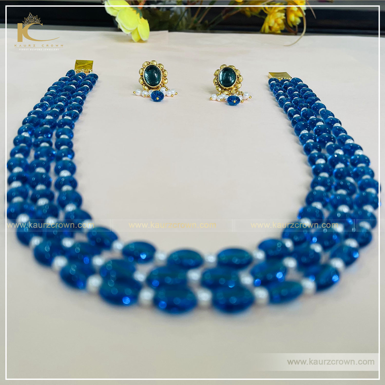 Rababi Blue Drak 3 Layered Mala with Gold Polished Stud Earrings , kaurz crown , punjabi jewellery , Rababi mala , gold plated earrings , earrings , online jewellery store , jewellery store