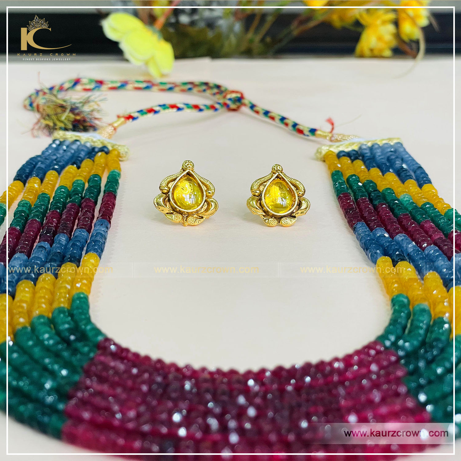 Rahi 7 Layered Mala with Gold Polished Stud Earrings , kaurz crown , gold plated , kaurz crown jewellery , rani mala , rahi earrings