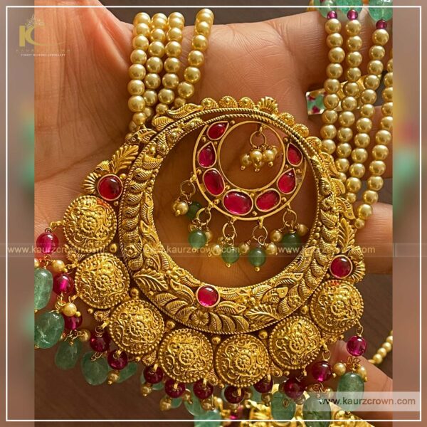 Saadgi Traditional Antique Gold Plated Rani Haar (Long Necklace) , rani haar , long necklace set , earrings , tkka , saadgi , gold plated , punjabi jewellery , online jewellery store