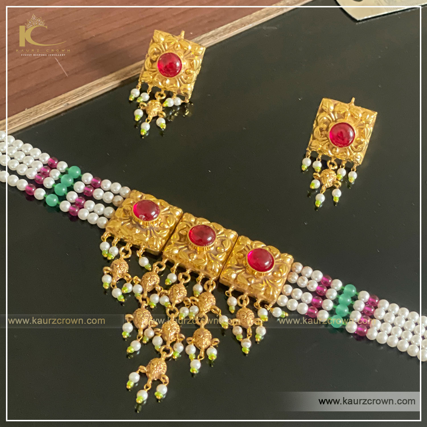Samaira Traditional Antique Gold Plated Choker Set ( Red ) , kaurz crown , punjabi jewellery , online jewellery store , saraira , gold plated , choker set